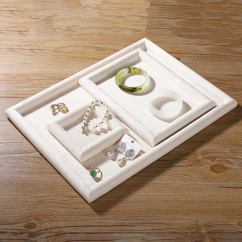 Beige Velvet Jewelry Display Tray Necklace Bracelet Earrings Ring Watches Storage Viewing Trays Counter Jewellery Showcase Props