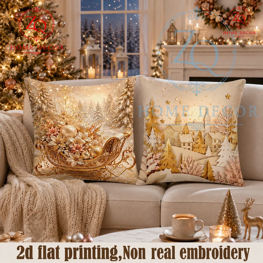 Luxury Gold Christmas Sleigh  Winter Village Throw Pillow Cover Warm Neutral Festive Home Decor for Sofa Couch