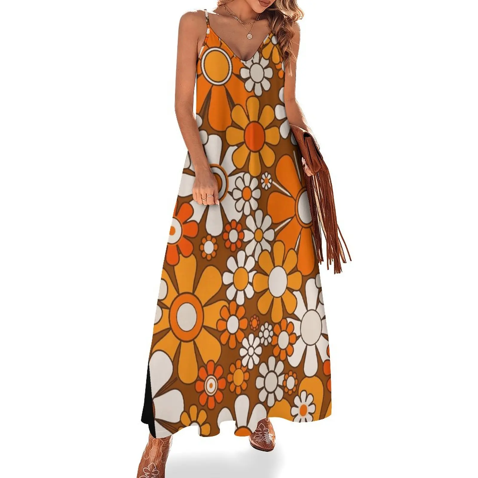 

Retro Garden Flowers Groovy Floral Cheerful 60s 70s Pattern 2 Orange Brown and Beige Sleeveless Long Dress