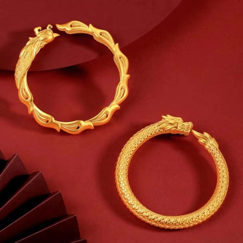 Luxury 100% Real 24K Ancient Gold Dragon Phoenix Bracelet for Men Women Chinese Retro Trendy Temperament Jewelry Size 60
