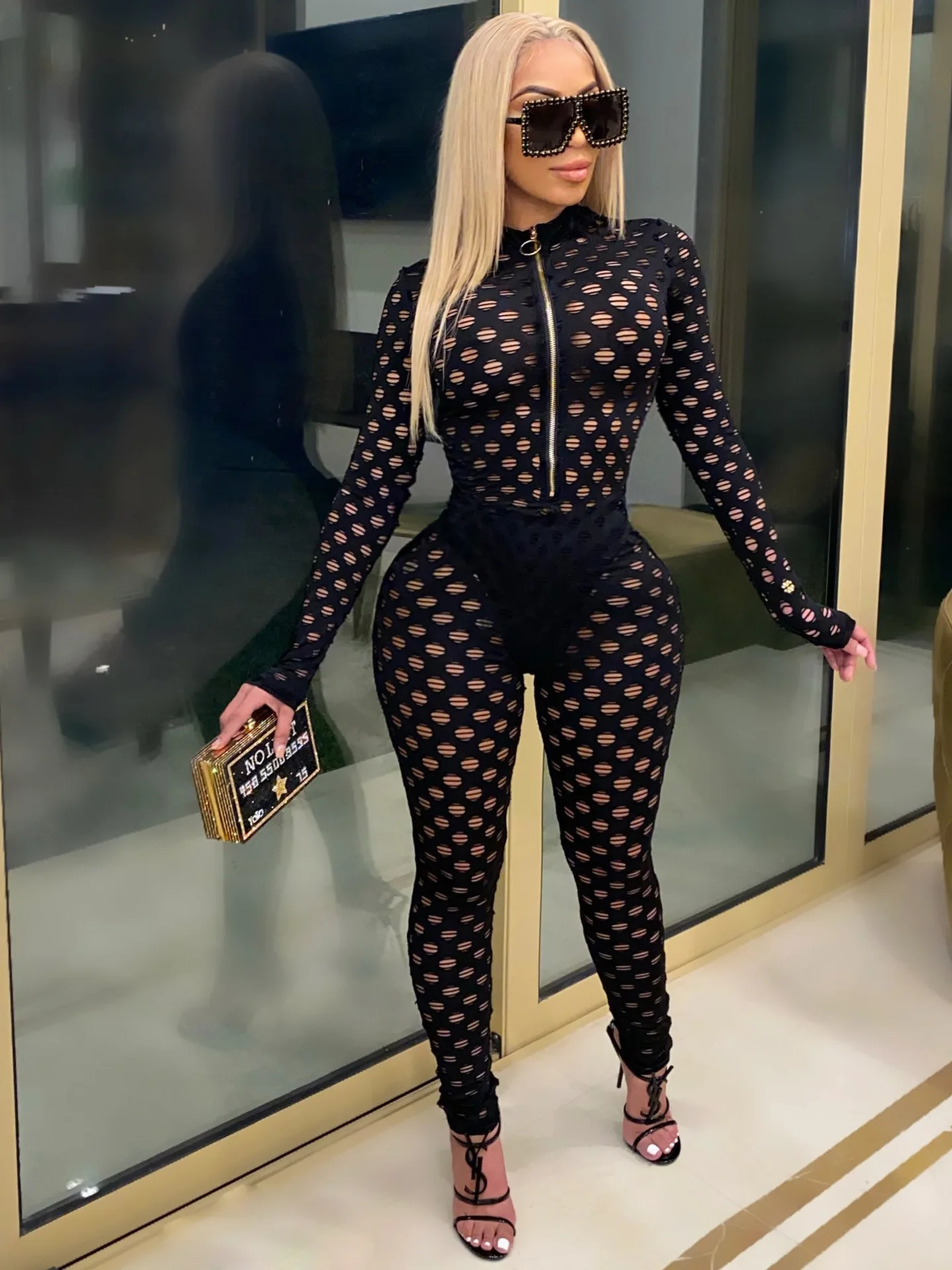 

Сексуальный прозрачный комбинезон облегающего кроя с длинными брюками, застежкой-молнией на талии, тонкий, летняя коллекция