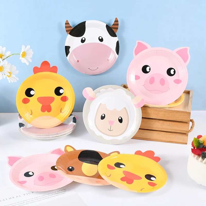 1/10Pcs Farm Birthday Party Animal Paper Plate Pig Sheep Chicken Horses Cows Shape Dinnerware Farm Animal Party Decoration