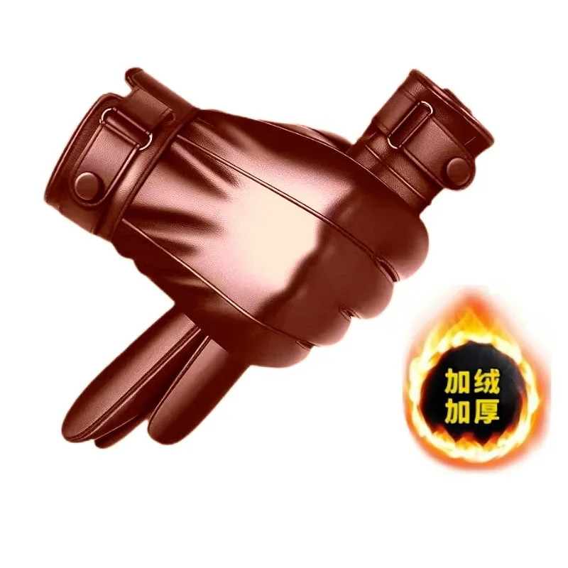 Winterhandschuhe für Herren, echtes Leder, warm, plus Samt, Touchscreen-Handschuhe, Outdoor, Radfahren, Fahren, Motorrad, PU-Handschuhe