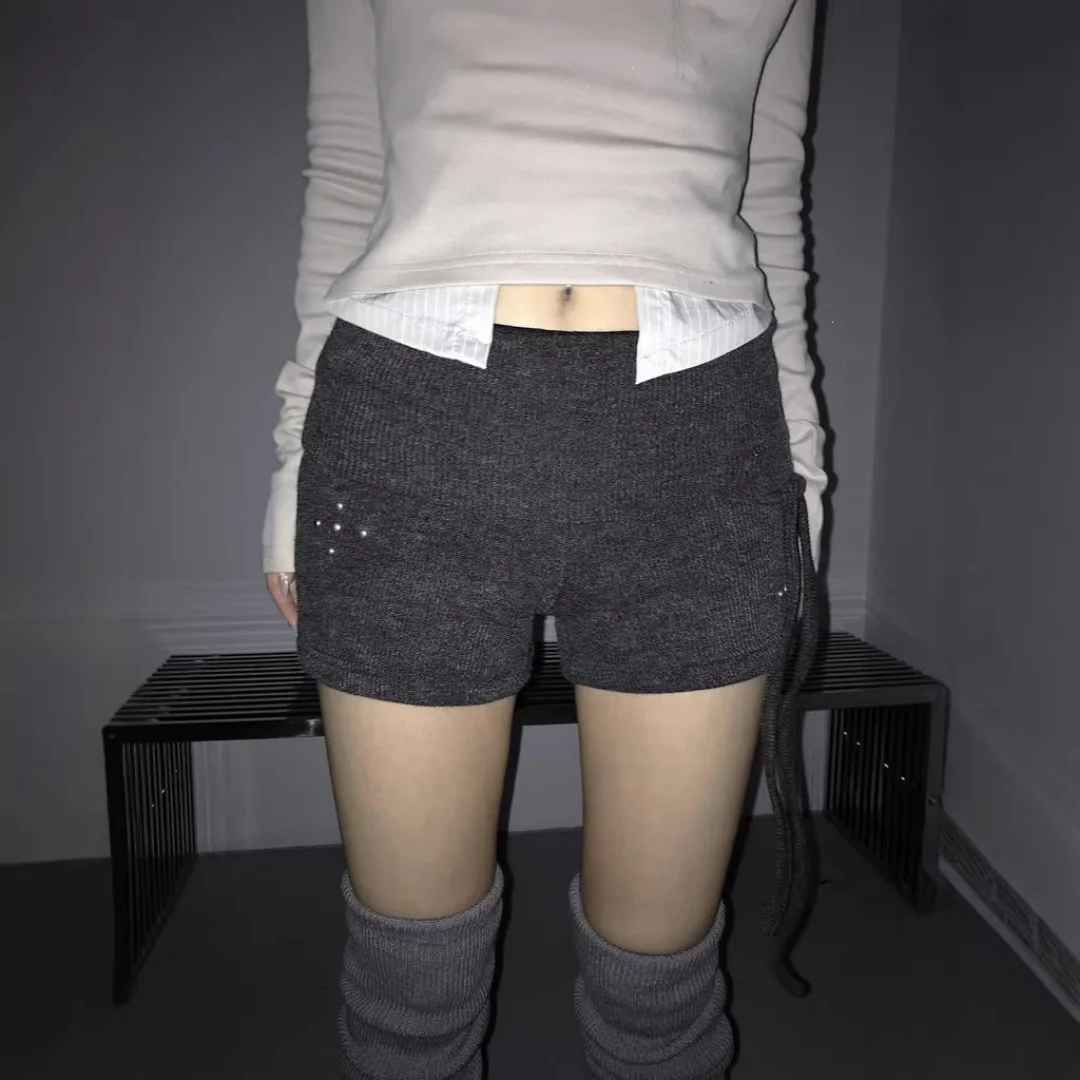 

Women's Y2K Ribbed Knit Low Rise Shorts - Slim Fit Hot Pants with Side Drawstring & Rhinestone Detail, Streetwear