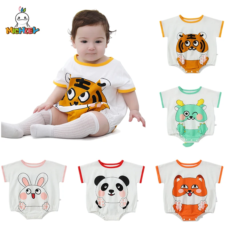 MICHLEY Summer Tiger Baby Rompers Boy Girl Short Sleeve Bubble Romper Oversized Bodysuit Clothing Newborn Jumpsuits Clothes