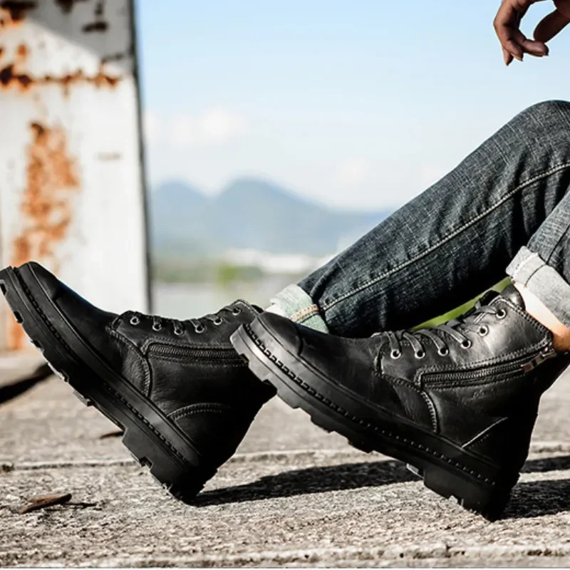 Leather Boots for Men Handmade Round Head Hiking Shoes Lace-up Side Zipper Walking Platform Boots Botas Militares Hombre