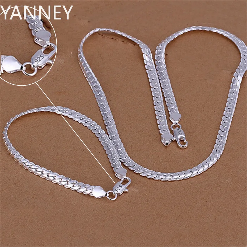 925 Sterling Silver Christmas Gifts European Style 6MM Flat Chain Necklace Bracelets Fashion for Man Women Jewelry Sets New