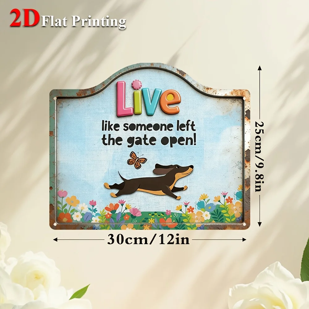 1pc 2D Flat Sign Artwork Showcasing A Cheerful Dachshund Surrounded By Vibrant Flowers, Accompanied By The Inspiring Phrase '