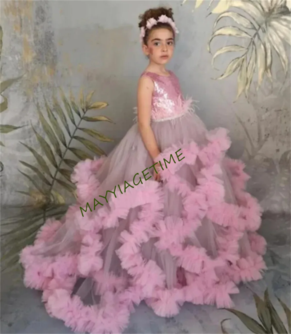 Doce princesa rosa a linha vestido da menina de flor até o chão tule babados vestido de festa de aniversário para crianças