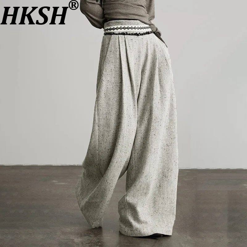 HKSH Women Casual Pants Fashion Versatile Embroidered Flares Patchwork Design Shirring Elegant Chic Ins Wide Leg Bottoms HK27092