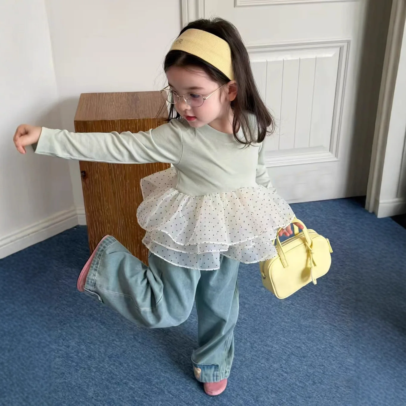 Two-piece Suit Polka Dot Mesh Splicing Base Shirt Top Cowboy Pants Grils Children Korean Casual Sweet Cute Fashionable