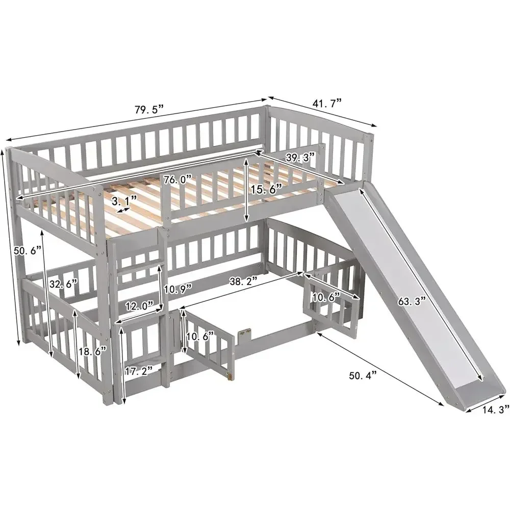 Twin Over Twin Bunk Bed with Slide and Staircase, Grey, Suitable for Kids, Boys, Girls, and Teens