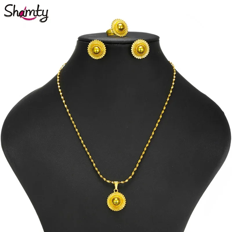 Shamty Small Medium Size Ethiopian Bridal Jewelry Sets African Women Pure Gold Color Set Eritrea Kenya Wedding Jewelry A30008