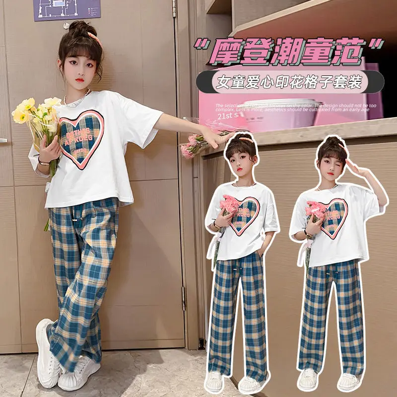 Fashion Girls Clothes Summer Sweet Heart T-Shirt & Plaid Pants 2 Pieces Suit Loose Trouser Teenage Girl Preppy Tracksuit