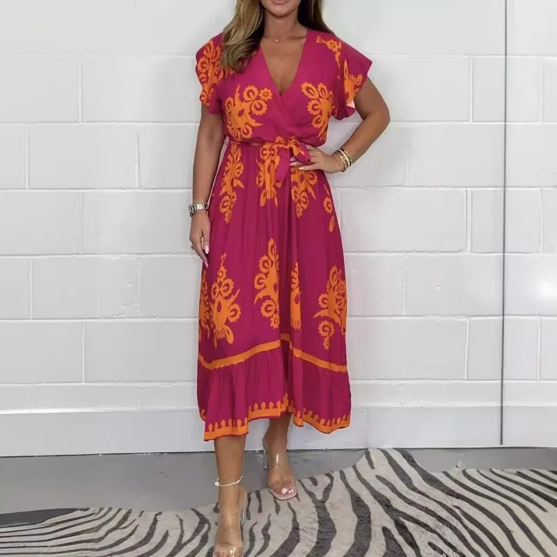 Damen-Kleid in Übergröße, lässig, Volantärmel, Krawattenmuster, hohe Taille, Bürokleidung