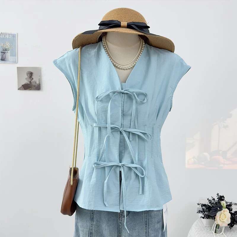 

Solid Color V-Neck Sleeveless Women Shirts 2025 Summer Bow Lace Up Slim Waist Basic Top Holiday Female Blouses