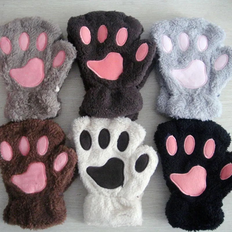 Cute Cat Bear Paw Winter Gloves Faux Fur Thick Plush Gloves kitten Fingerless Mittens Christmas Halloween Gifts For Girls Gloves