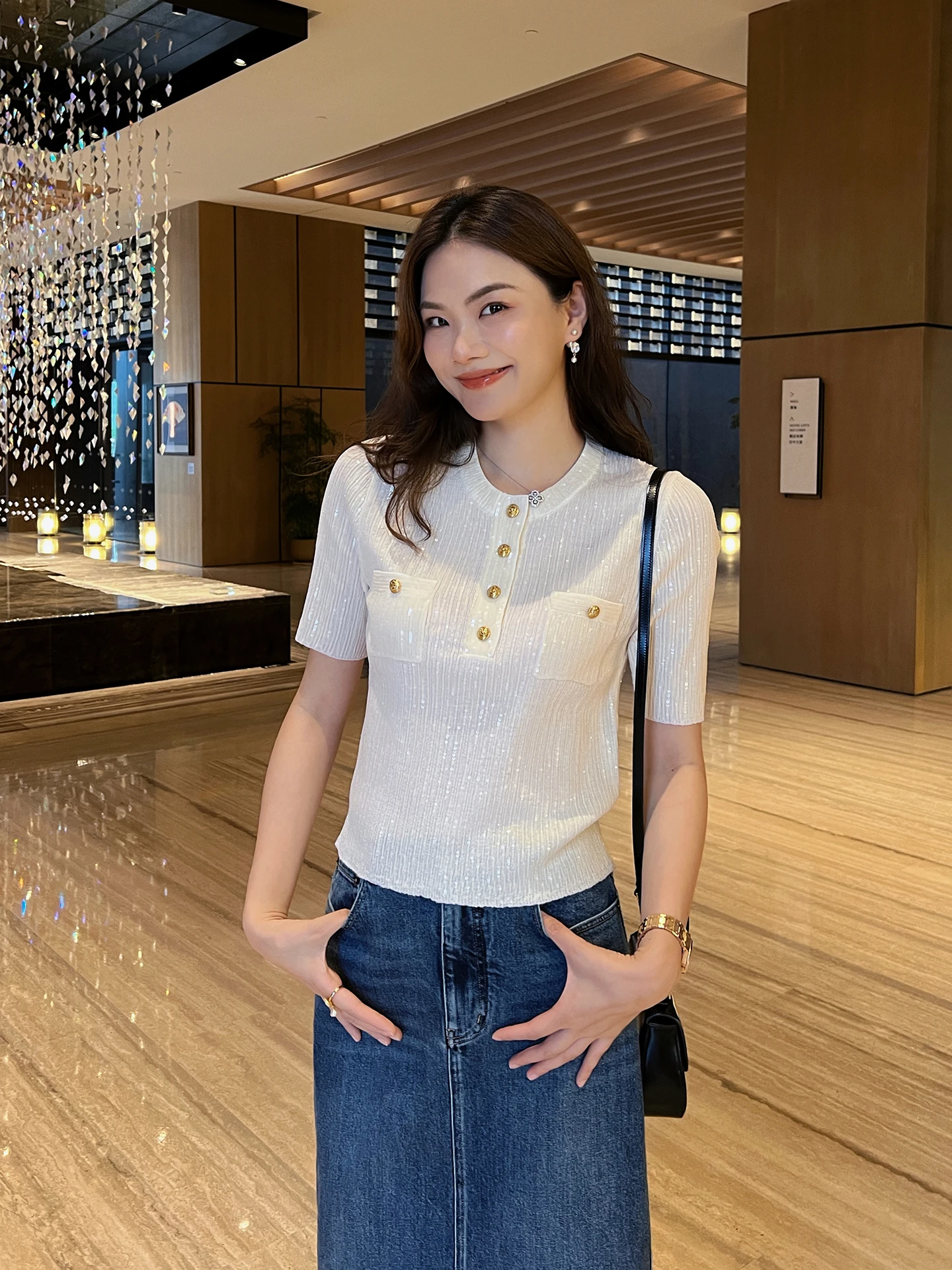 

Linyei Summer New Sle Woolen Knitted ort Sve round Ne Bead Alloy Bule Design Top for Women Moisture ng Pure C...