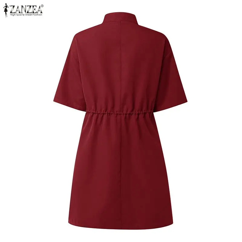 Women's Casual Short Sleeve Stand Collar Mini Dress Drawstring Waist Pockets Shirtdress ZANZEA Summer Office Work Short Robes