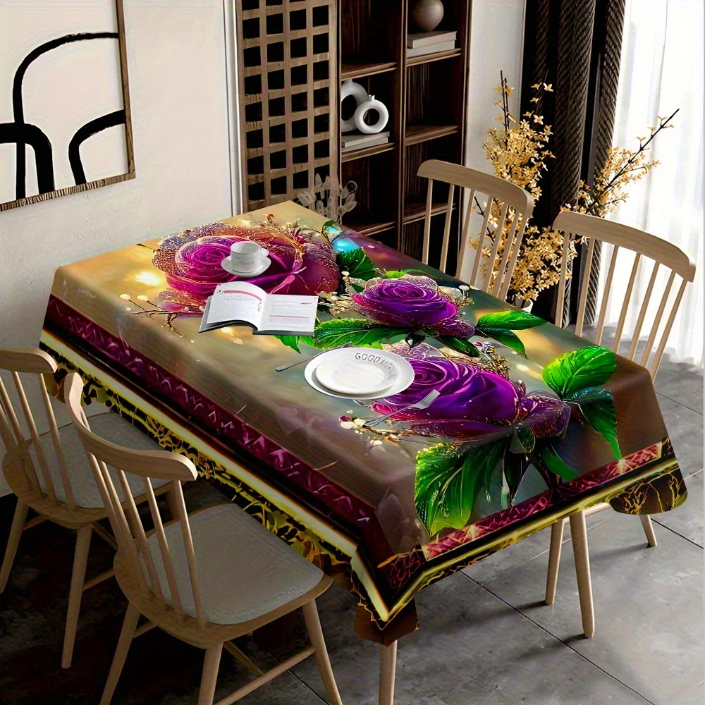 VIKAMA Rose Tablecloth Gold Purple Glitter Flower Green Leaf Rectangular Washable Dining Table Cover Luxury Party Decor
