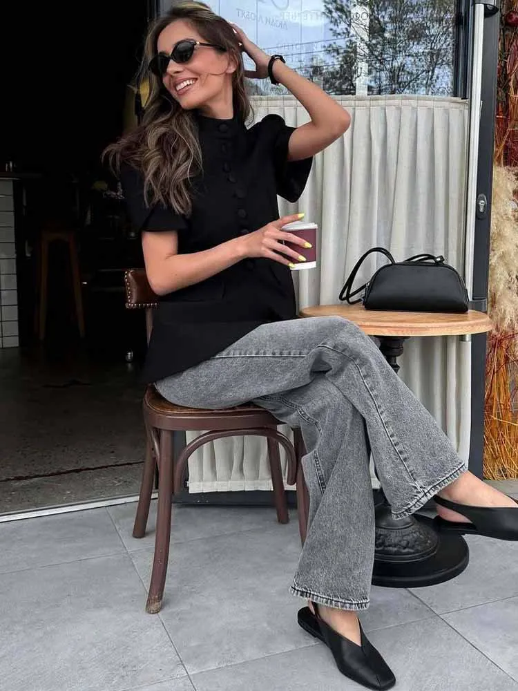 MCDV-Camiseta informal de un solo pecho para mujer, chaqueta elegante con cuello levantado y manga corta abombada, traje adelgazante de cintura alta, ropa de calle 2025