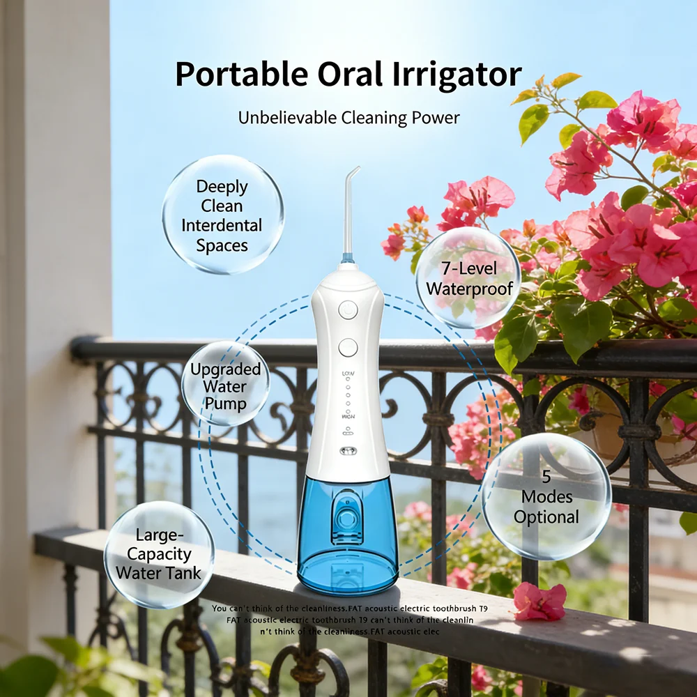 

Профессиональный ирригатор для ухода за полостью рта, 300 мл, водонепроницаемость IPX7, 5 режимов, 5 насадок, портативный, незаменимый для дома и путешествий