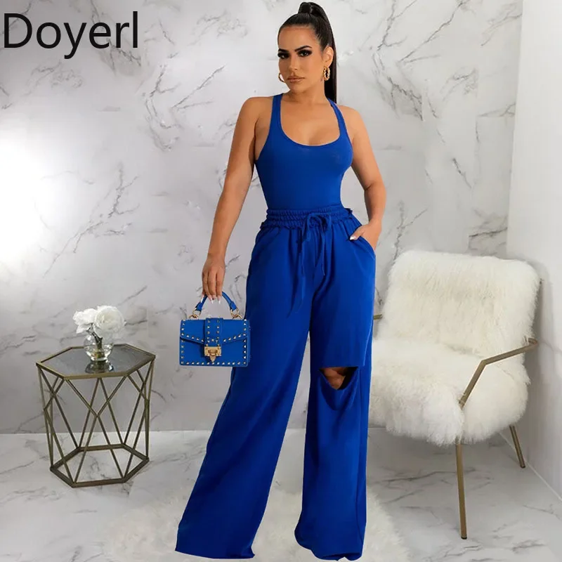 

Doyerl Sports Casual Tracksuit Women Two Piece Set Activewear Workout Tank Bodysuit Top and Hole Straight Pants Matching Sets