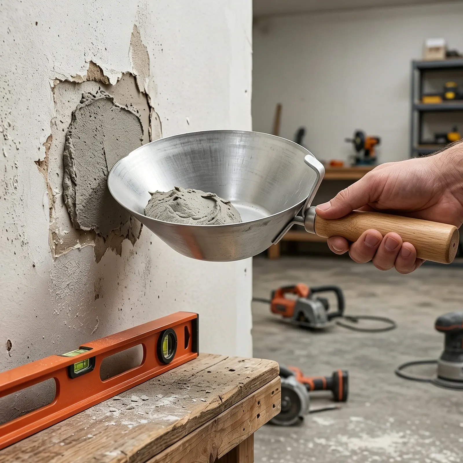 7.1 Stainless Steel Cement Scoop Round Wooden Handle Reinforced Welded Construction Mortar Mixing Masonry Tool