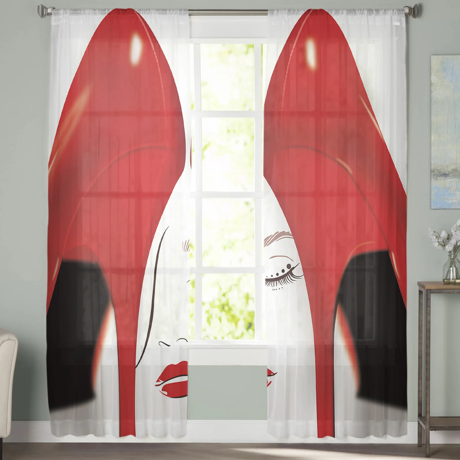 A Mature and Sexy Woman with Red High Heels Sheer Window Curtains for Living Room Bedroom Girls Room Decoration Tulle Curtains