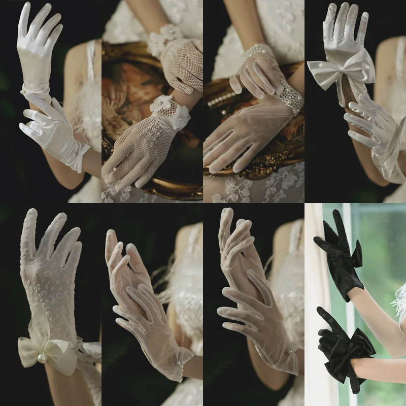 Bridal Gloves Black Pearl Fingerless Short Tulle Lace Hollow Satin Performance Women Elegant Soft Cozy Fit Comfortable Daily Use