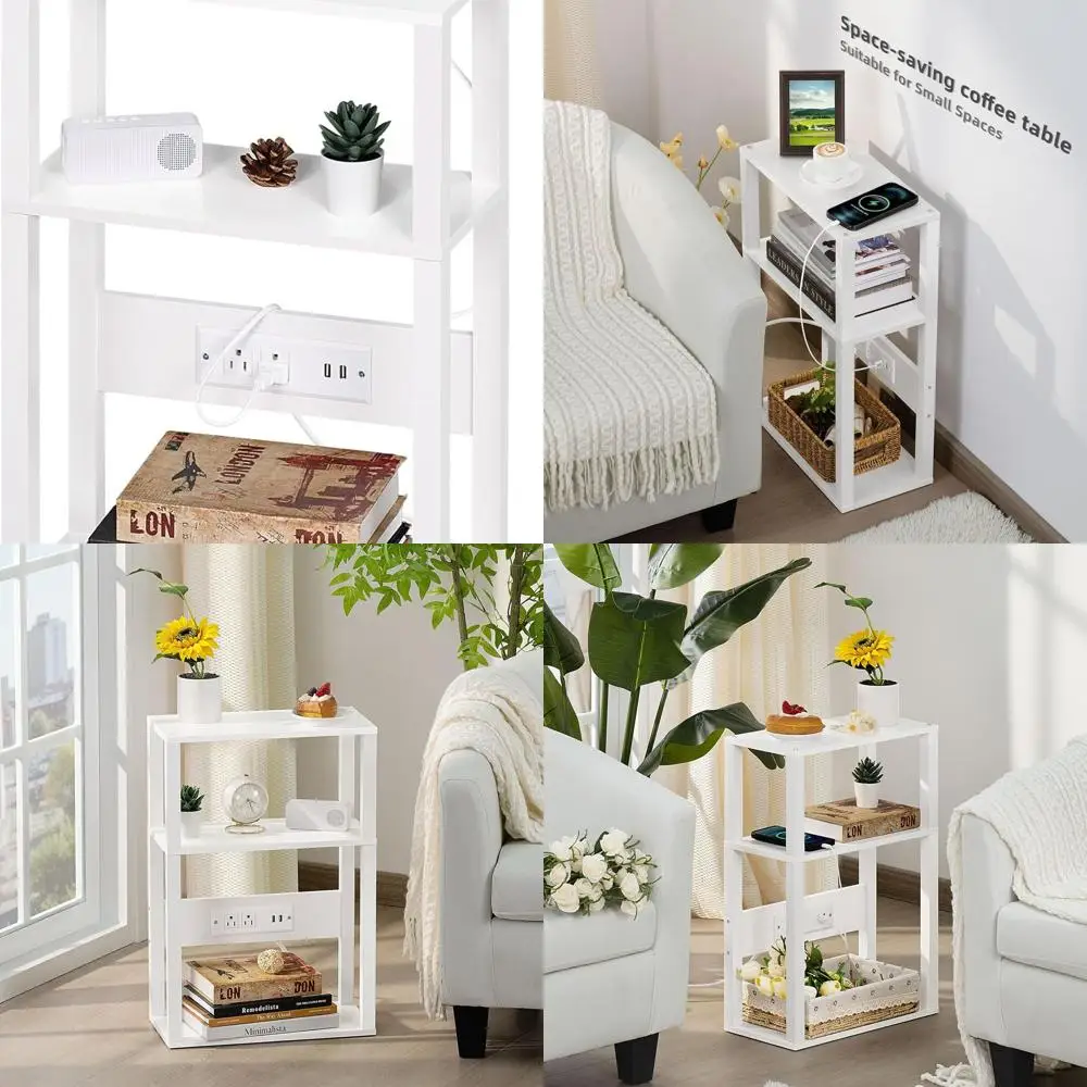 

Компактный трехъярусный деревянный столик Duo с зарядными портами — гладкие тумбочки для плотных помещений, USB и розетки, белый