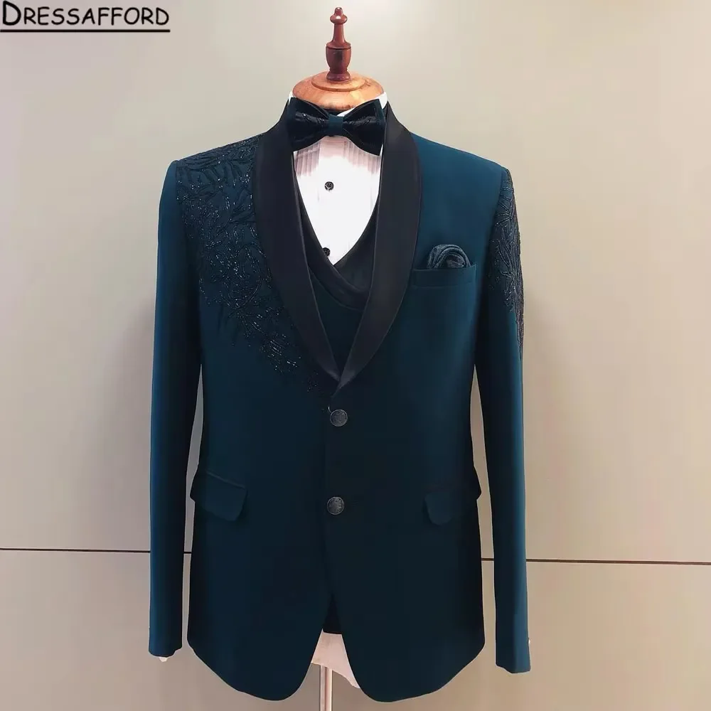 Blazer blu abiti da uomo Appliques con paillettes banchetto di moda 2 pezzi giacca da lavoro pantaloni pantaloni