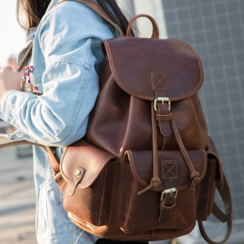 

Vintage Crazy Horse Leather Backpack for Men & Women, Large Capacity Travel Hiking Bag, Casual Outdoor Daypack