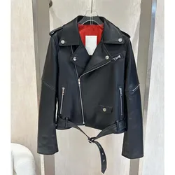 Genuine Leather Jacket Short Length Clothes With Belt Women Coat Spring Locomotive Type Red Lining Turn-Down Collar