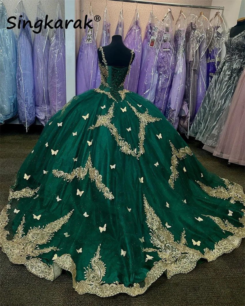 Vestidos de quinceañera de color verde esmeralda de lujo con capa, vestido de baile, apliques de mariposa, diamantes de imitación, cuentas, 15 fiestas personalizadas