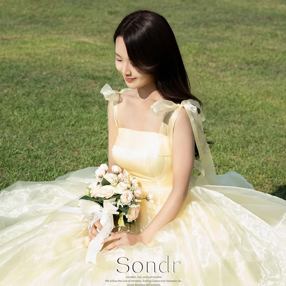 Sondr Adjustable Straps Organza Yellow Evening Dress Korean Wedding Snap Gown Outdoor Photography Event Prom Gowns Customized
