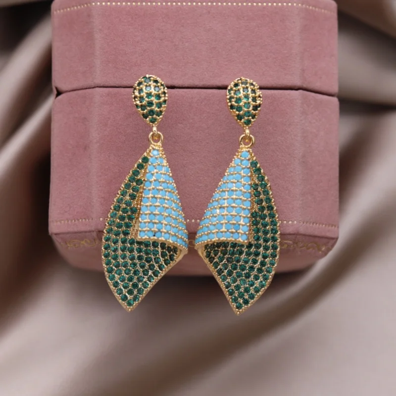 Korean new design fashion jewelry 14K gold plated blue green zircon geometric earrings elegant women's party accessories
