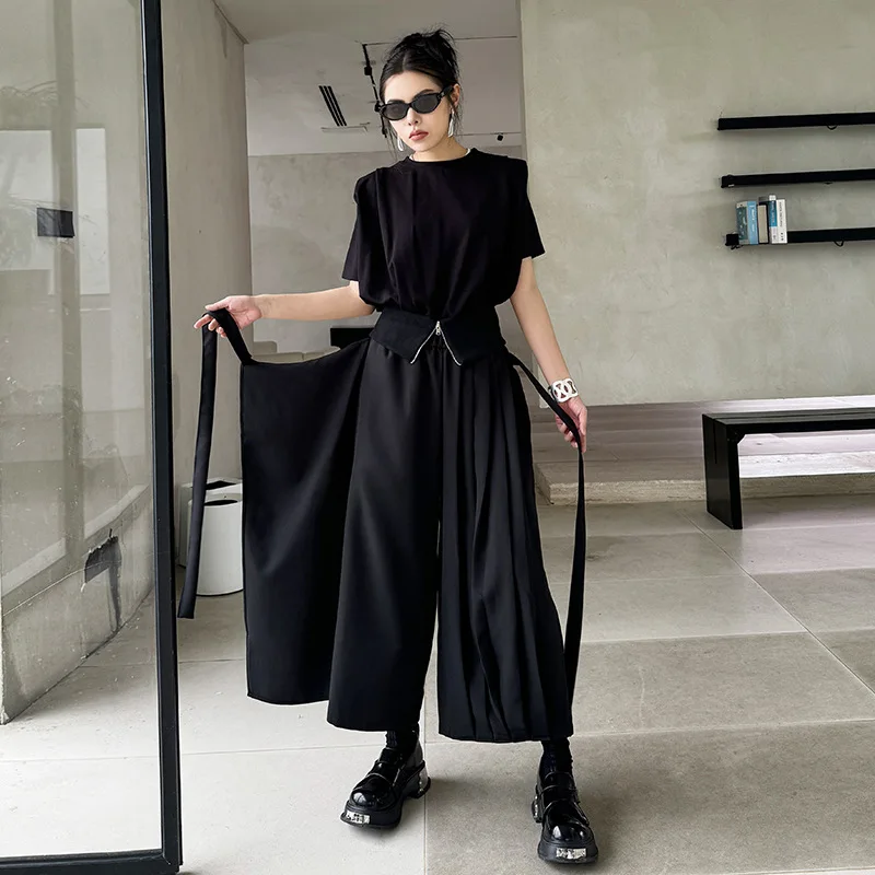 Tannt Women Pant Asymmetry Patchwork Fake Two Wide Leg Pants Irregular Bandages Black Casual Ankle-Length Pants 2024 New