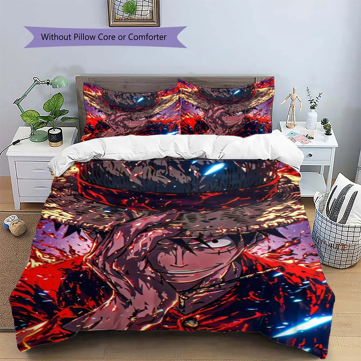 Luffy Patterned Pillowcase & Duvet Cover Set Bedroom Elegant Printed Bedding in Anime Theme Premium Gift Choice.-TING
