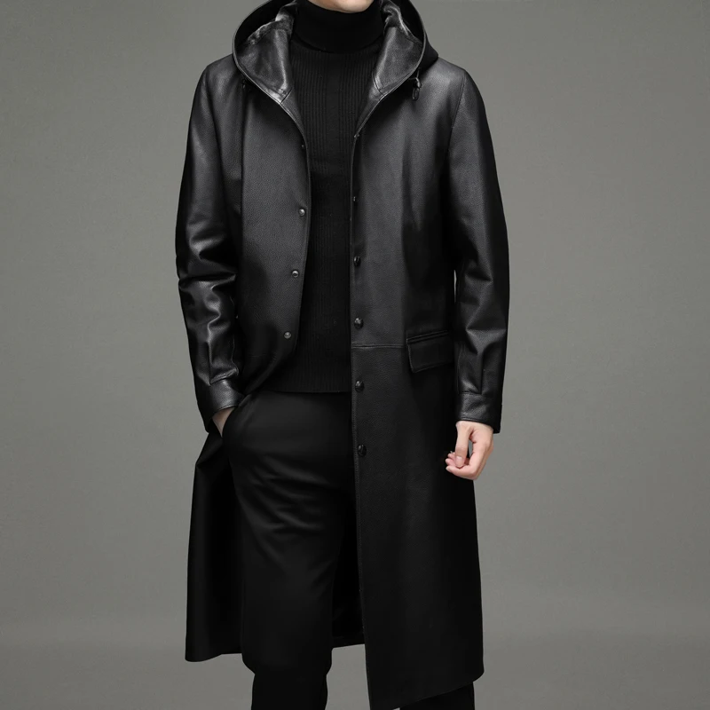 

2024- New Men's Business Simple Slim Gentleman British Style Casual Fashion Hooded Cowhide Trench Coat Dermis Leather Jacket