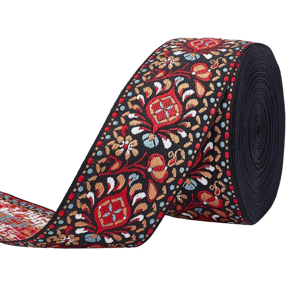 

Ethnic Style Embroidery Polycotton Ribbons Jacquard Ribbon with Flower Pattern Garment Accessories Indian Red 2 inch(50mm)
