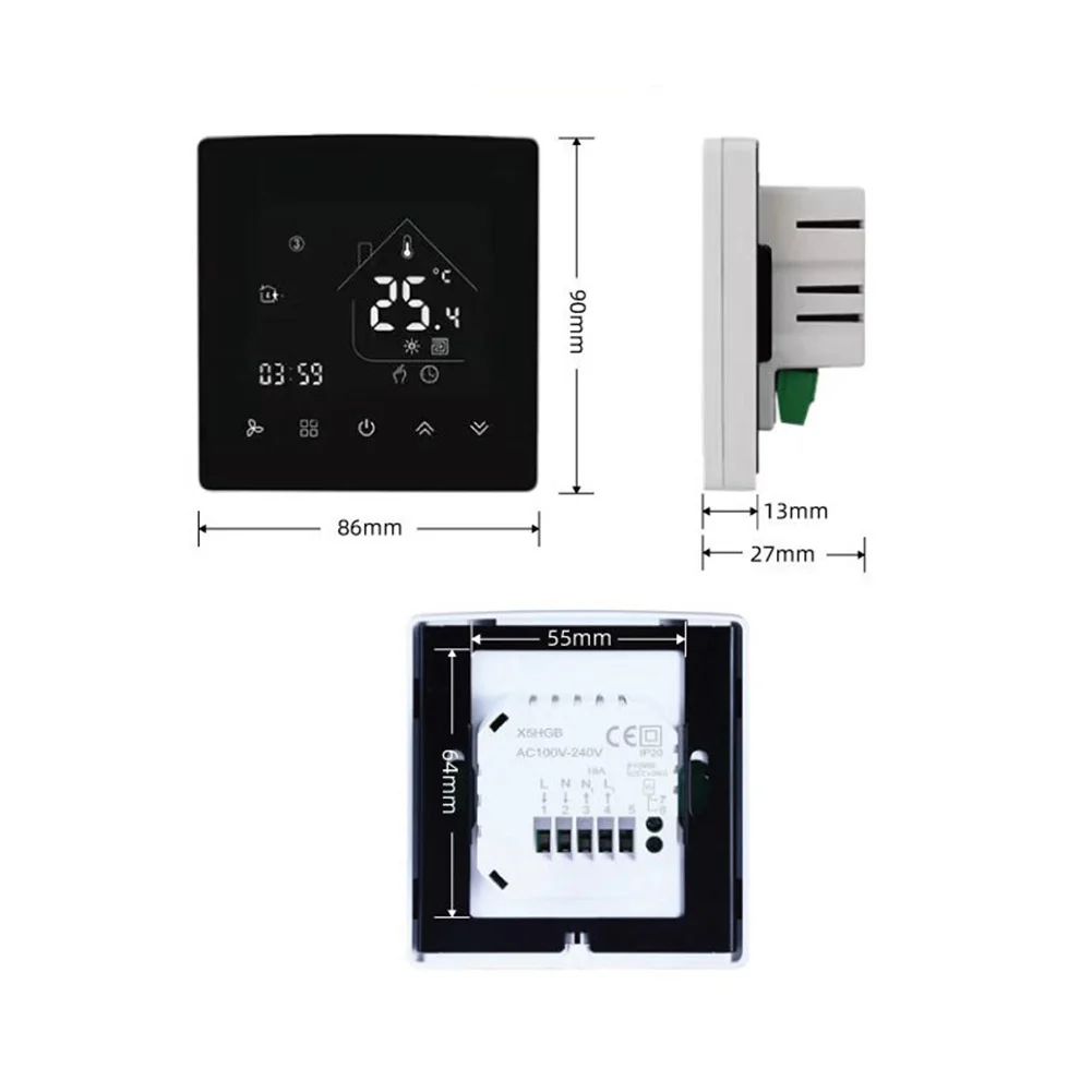 Programmable Mirror Thermostat for Room Heating with Touchscreen Digital Display and Electric Floor Heating Compatible Power