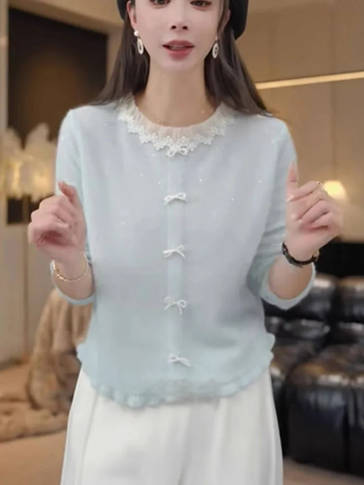 안티에이징 스플라이스 니트 스웨터 슬리밍 매듭 디자인 편안한 롱 슬리브 여성용 탑 엘리 신상