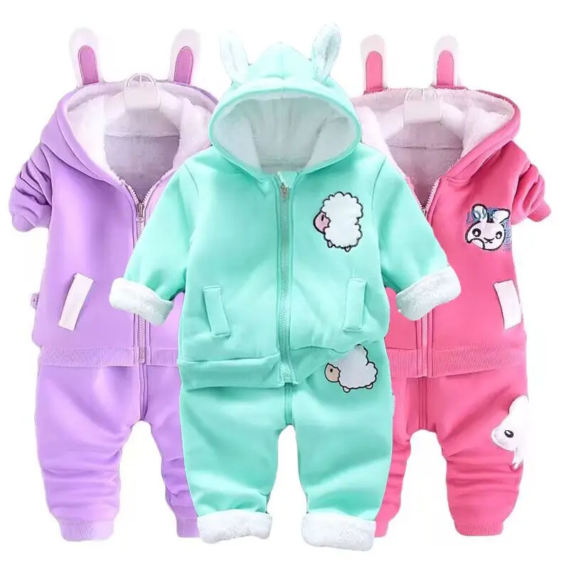 Children's Set Girls Boys Autumn/Winter Cartoon Plush Hooded Set Infants Young Children Korean Edition Warm Two Piece Set 0-5Y