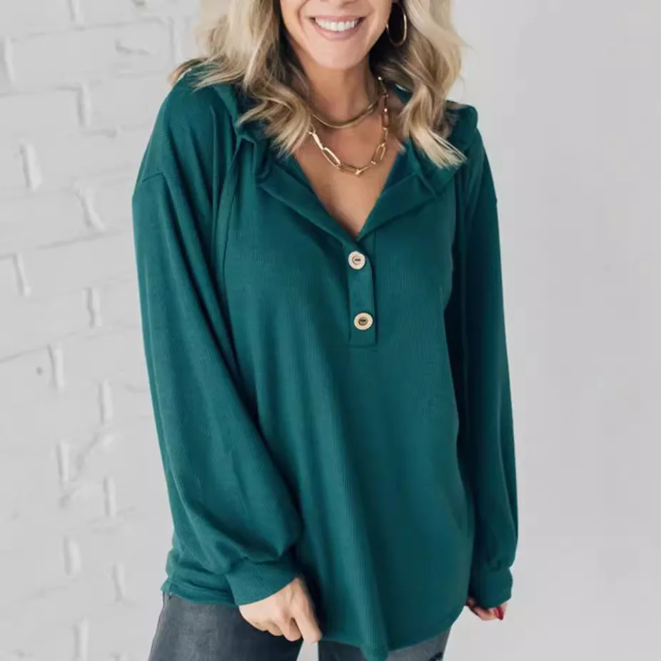 Autumn And Winter New Solid Color Hooded Button Loose Long-sleeved Sweater Women's Clothing