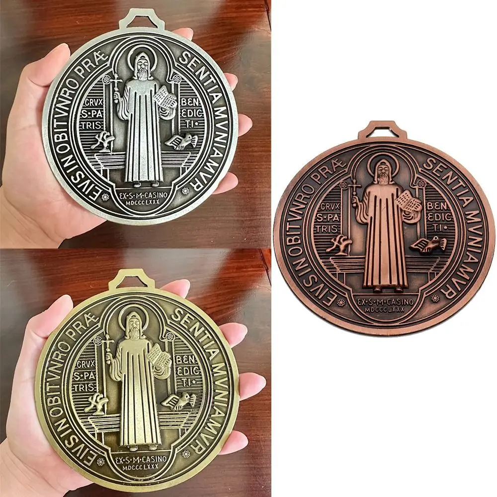 Extra Large Saint Benito Medal 5 Inch Vintage Brass Saint Benedict Round Prize Home Decor Pendant Zinc Alloy