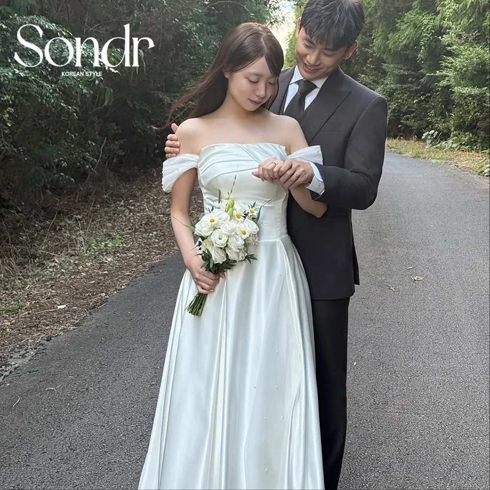 Suknie ślubne koreańskie z odkrytymi ramionami, jedwabna satyna, gorset z tyłu, suknie na przyjęcie weselne, sesja zdjęciowa, suknie balowe szyte na miarę.