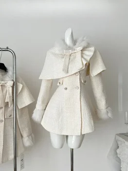 Jesień Zima Francja Smukły 2-częściowy zestaw damski Słodka elegancka szalowa peleryna z kokardą Kobieca moda Szykowna sukienka z długim rękawem Nowy