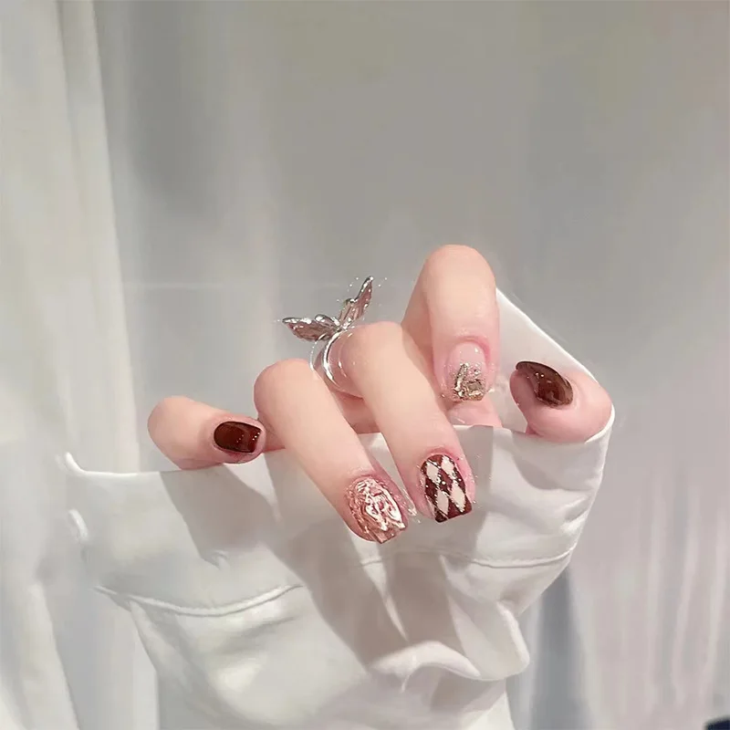 Autumn and Winter Diamond Checker Wearing Women Nail Stick Finished Handmade Irregular Wave Pattern False Nail Stick