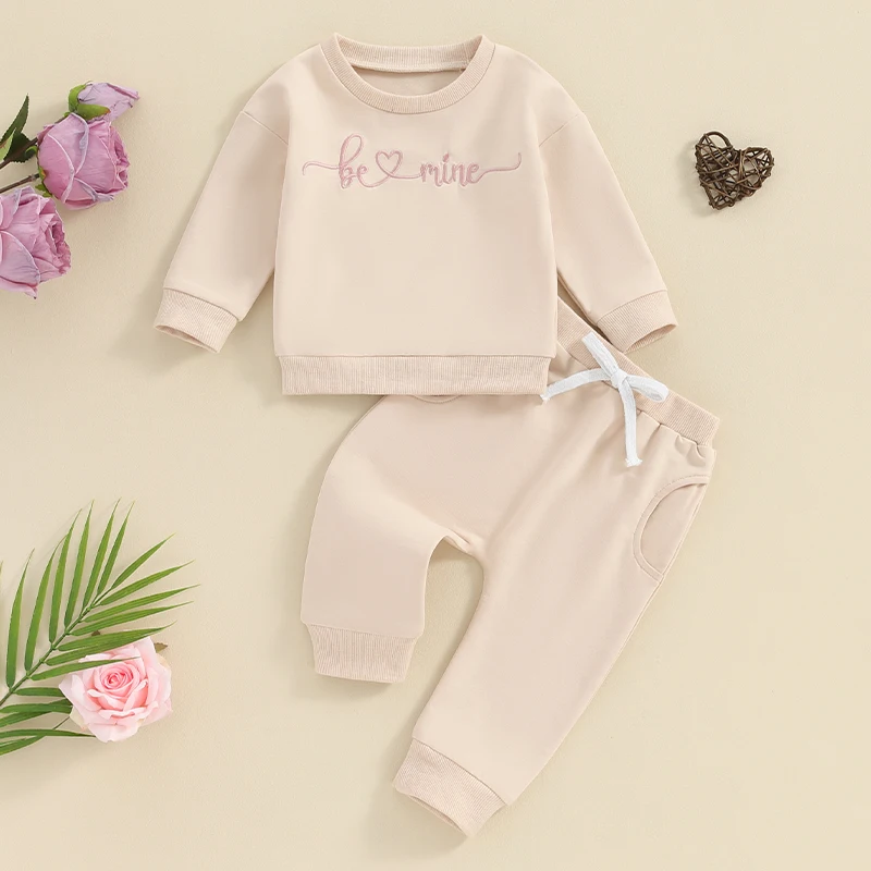 

Baby Spring Clothes Girls Long Sleeve Crew Neck Embroidery Letters Sweatshirts Elastic Waist Pants Outfits for Valentines Day